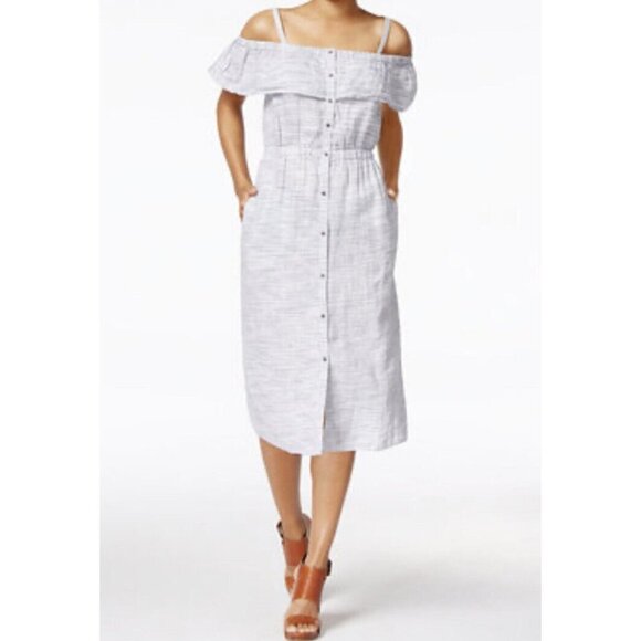New!! Lucky Brand Large button-down pocket cold shoulder linen dress ruffle midi - Picture 1 of 14